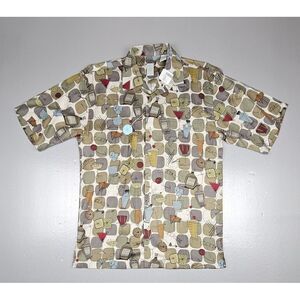 Bumka‎ Bibas Button Up Shirt Mens Medium. 100% Silk Cocktail Party Retro AOP